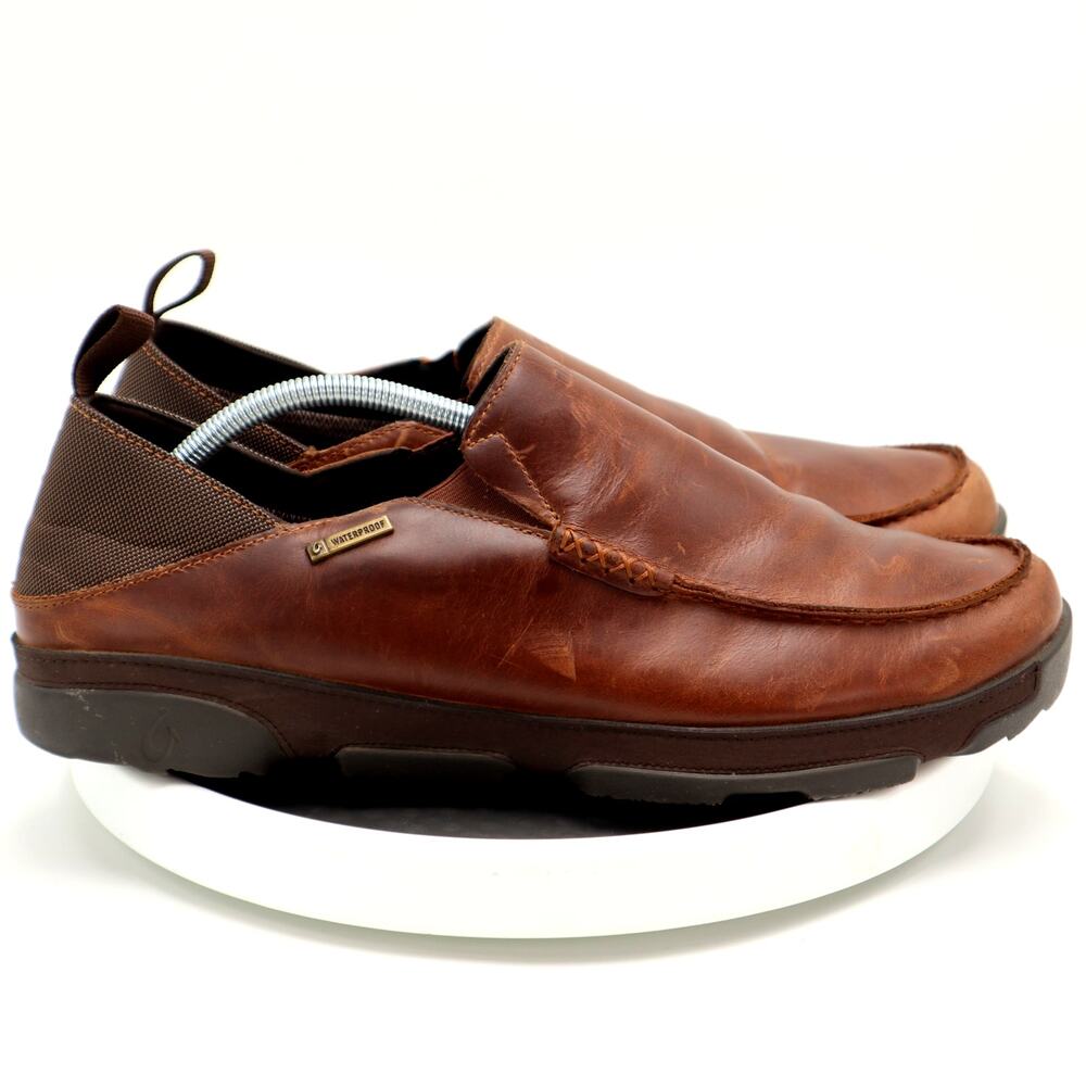 Olukai NA'I WP Mens Size 13 Brown Leather Shoes Loafer Slip On Waterproof
